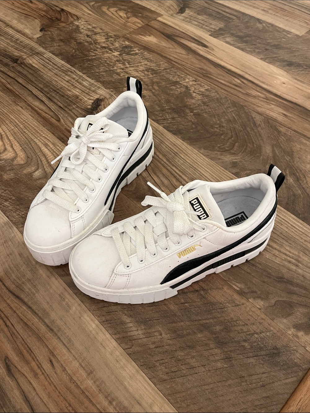 Puma Mayze White and Black Platform Sneakers 7.5